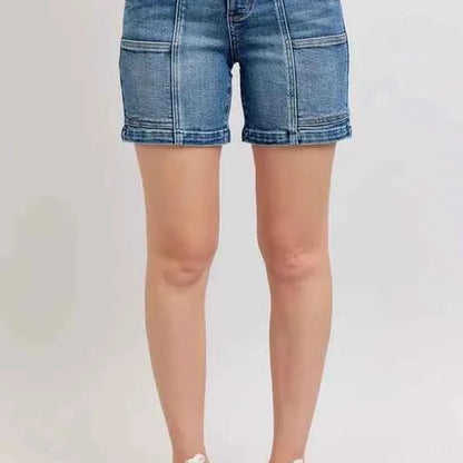 High Rise Denim Shorts with Functional Pockets – Plus Size