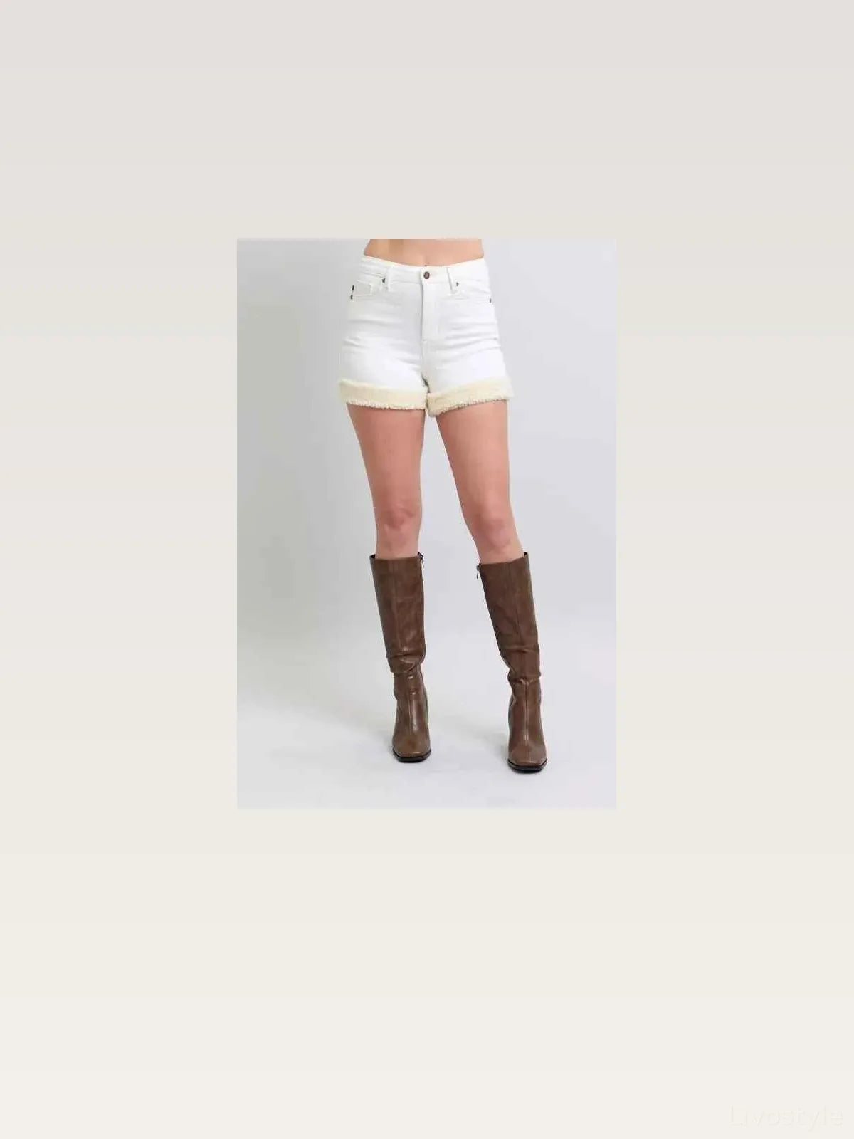 High Waist Shearling Cuff Denim Shorts – Plus Size – photo 3