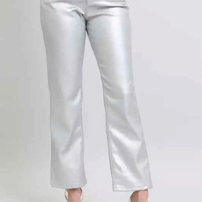 High Waist Silver Faux Leather Pants — square view — Livostyle