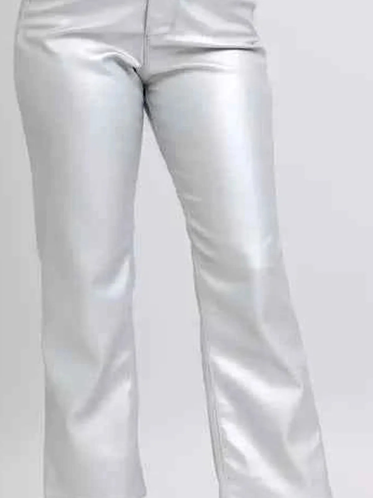 High Waist Silver Faux Leather Pants — detail view — Livostyle