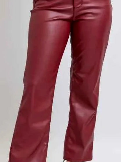 High Waist Tummy Control Faux Leather Straight Pants — detail view — Livostyle