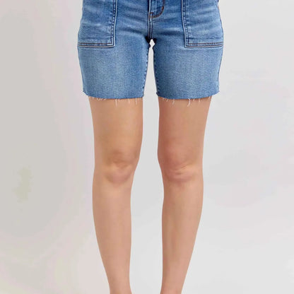 Mid Rise Bermudas Denim Shorts W/ Back Flap Pockets — square view — Livostyle