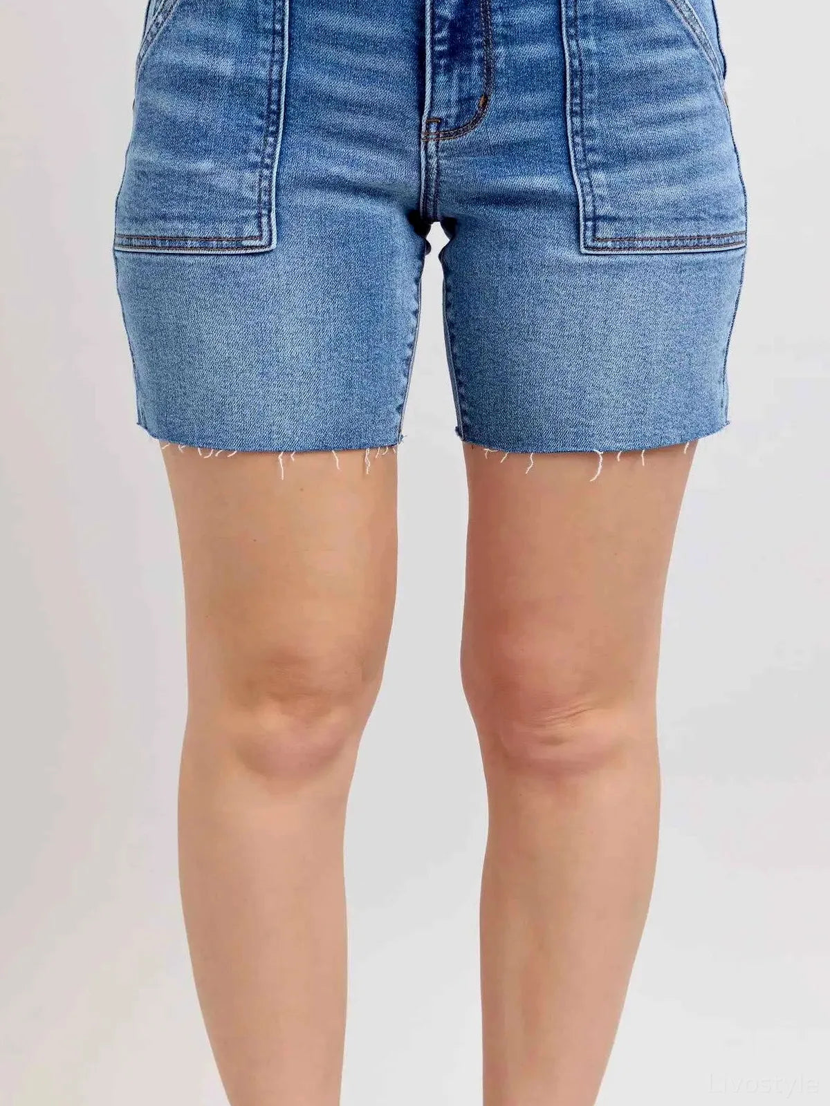 Mid Rise Bermudas Denim Shorts W/ Back Flap Pockets — detail view — Livostyle