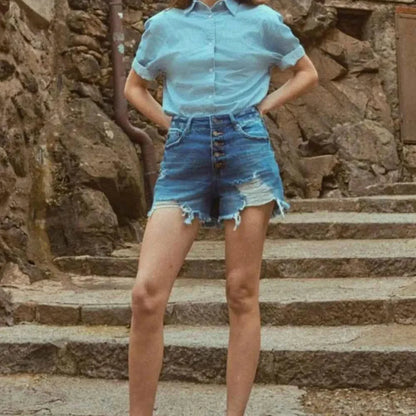 Distressed Button-Fly High Waist Denim Shorts — square view — Livostyle