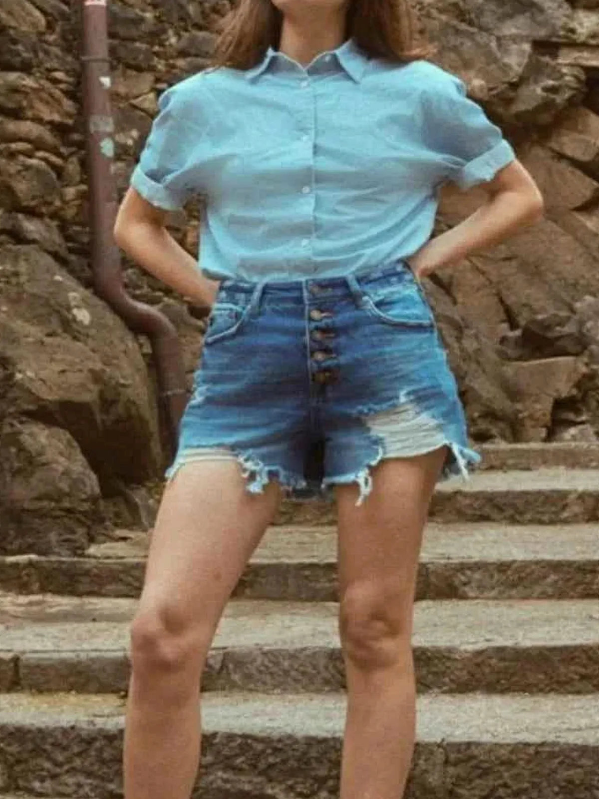 Distressed Button-Fly High Waist Denim Shorts — detail view — Livostyle