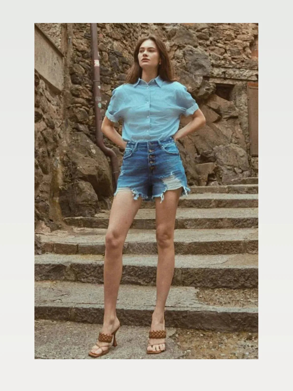 Distressed Button-Fly High Waist Denim Shorts — styled showcase — Livostyle