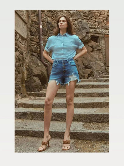Distressed Button-Fly High Waist Denim Shorts — styled showcase — Livostyle