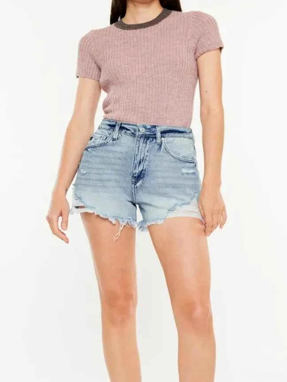 Distressed High Waist Denim Shorts with Pockets – photo 2