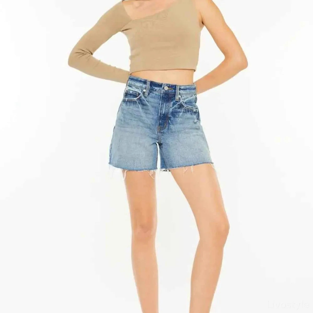 Raw Hem High Waist Denim Shorts — square view — Livostyle