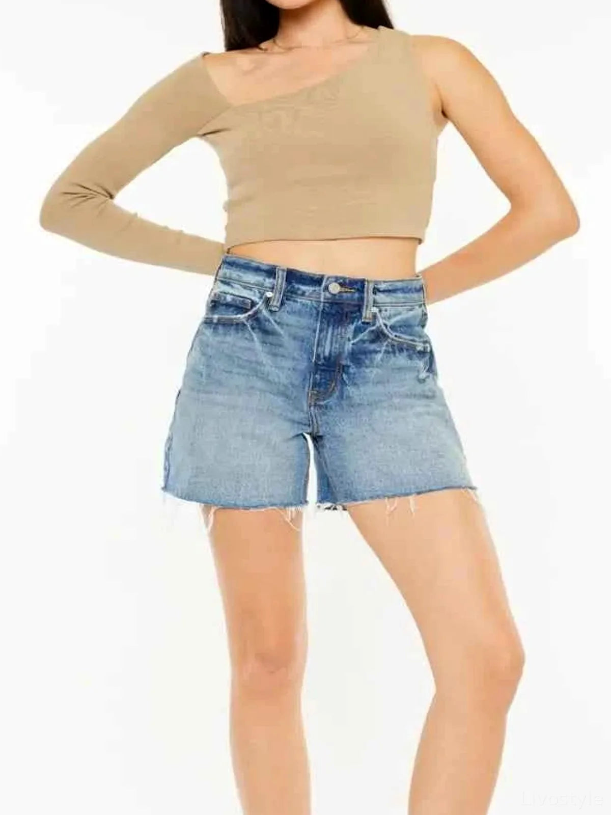 Raw Hem High Waist Denim Shorts — detail view — Livostyle