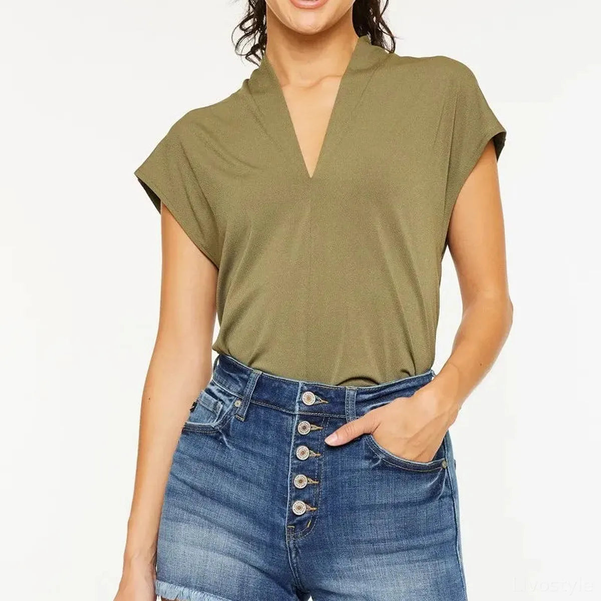 High Rise Frayed Hem Denim Shorts — square view — Livostyle