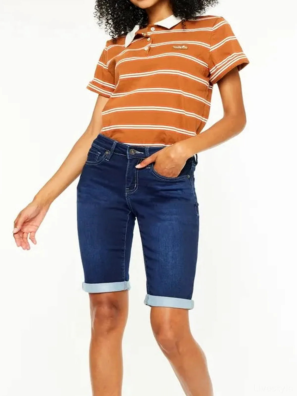 Mid Rise Bermuda Denim Shorts — detail view — Livostyle