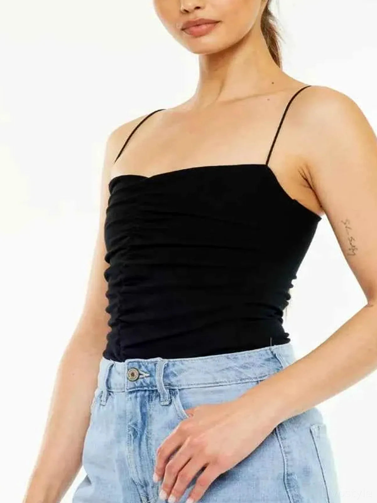 Raw Hem Distressed High Waist Denim Shorts — detail view — Livostyle