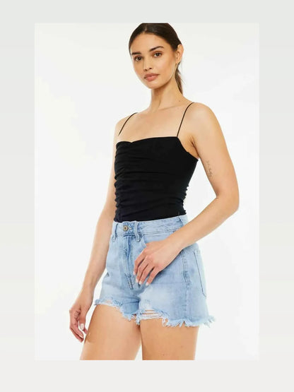 Raw Hem Distressed High Waist Denim Shorts — styled showcase — Livostyle