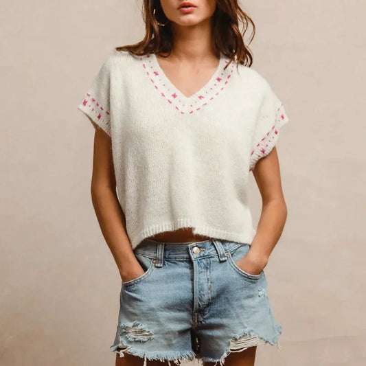 Stylish Contrast Stitch Short Sleeve Sweater — square view — Livostyle
