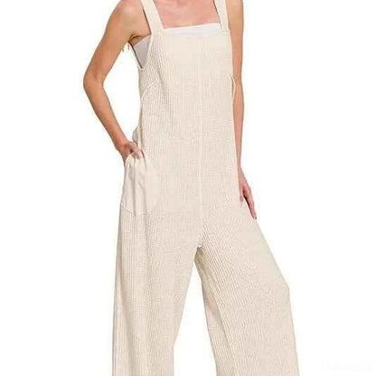 Knit Waffle Wide Leg Overalls in Sand Beige — square view — Livostyle