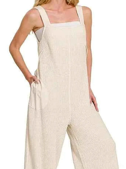 Knit Waffle Wide Leg Overalls in Sand Beige — detail view — Livostyle