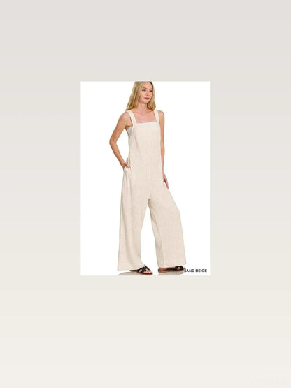 Knit Waffle Wide Leg Overalls in Sand Beige — styled showcase — Livostyle