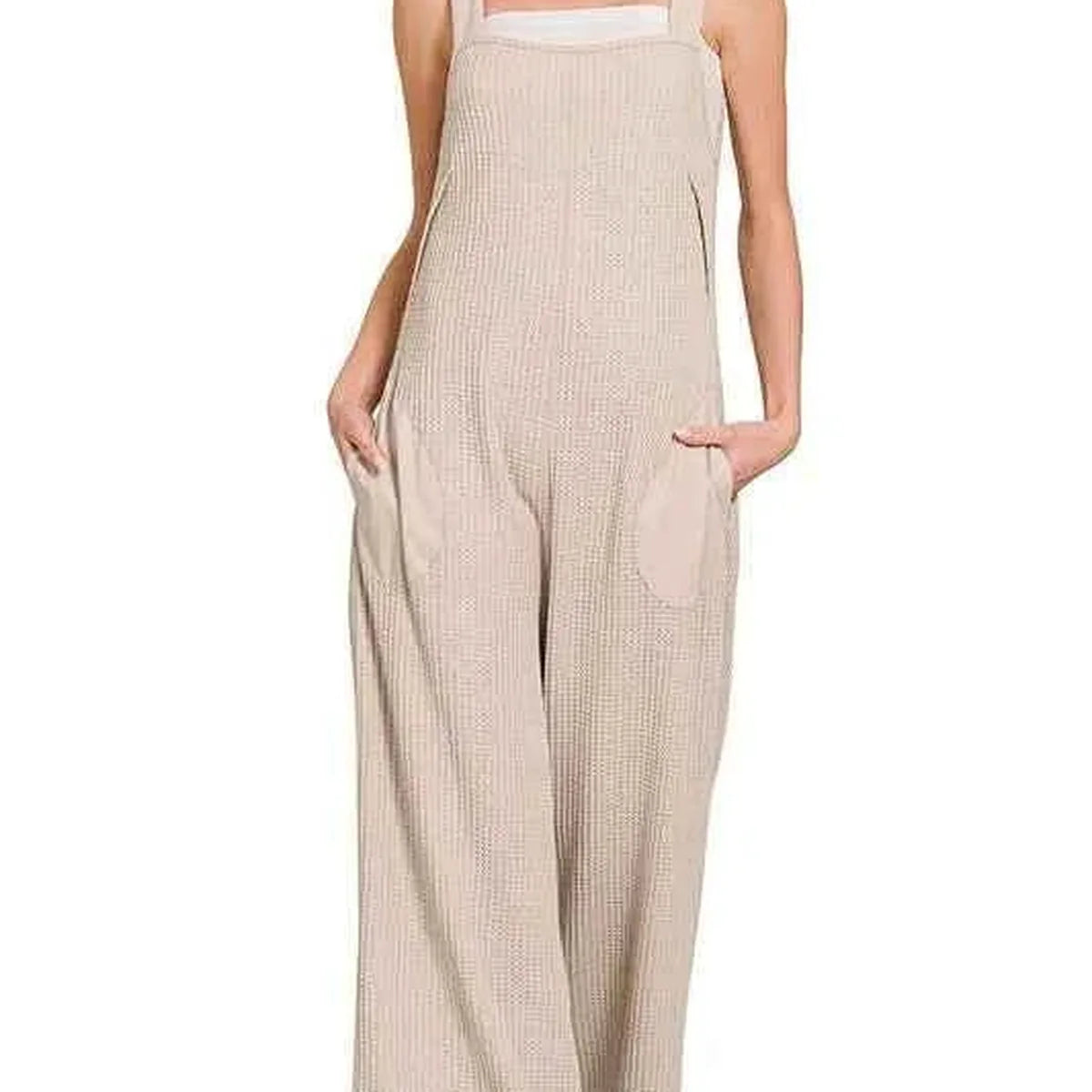 Knit Waffle Wide Leg Overalls in Lt Mocha — square view — Livostyle