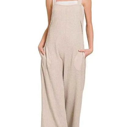 Knit Waffle Wide Leg Overalls in Lt Mocha — square view — Livostyle