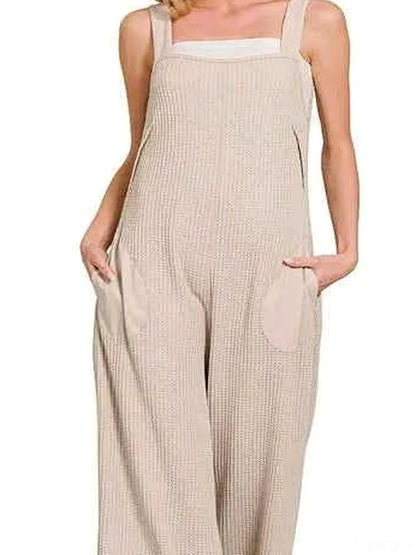 Knit Waffle Wide Leg Overalls in Lt Mocha — detail view — Livostyle
