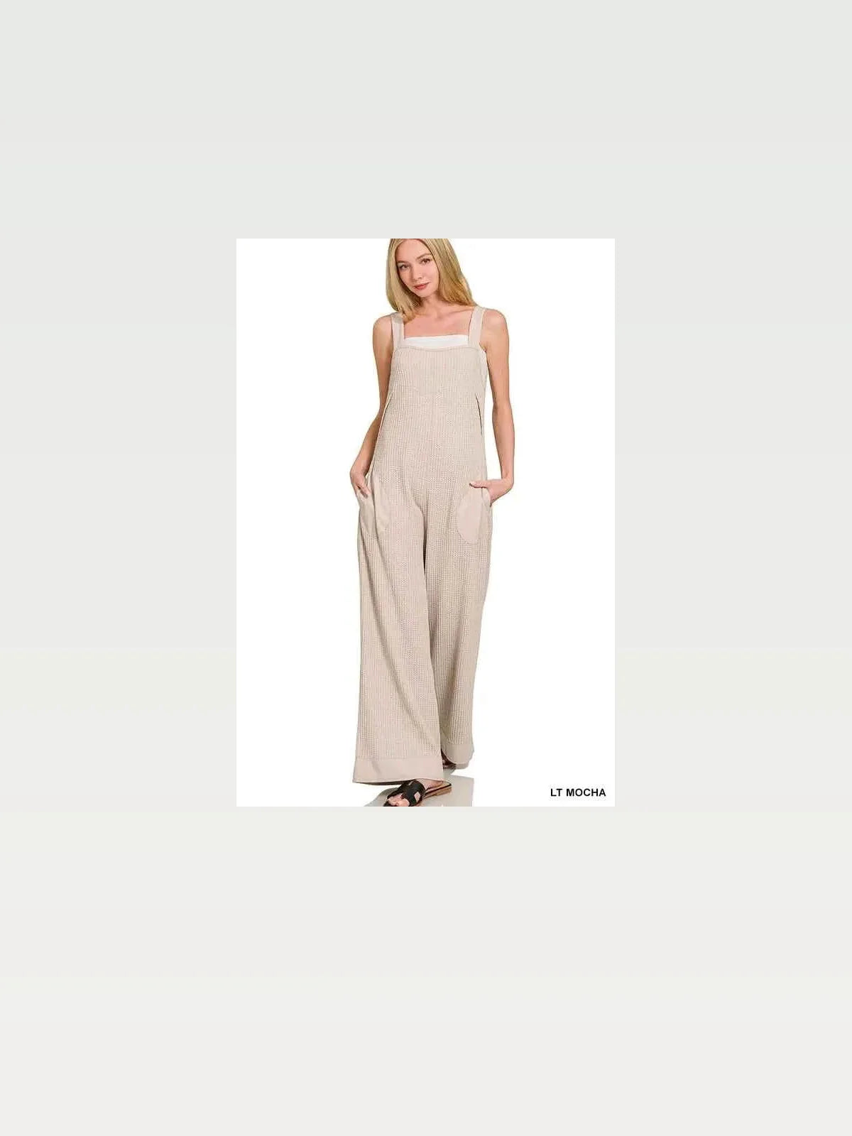 Knit Waffle Wide Leg Overalls in Lt Mocha — styled showcase — Livostyle
