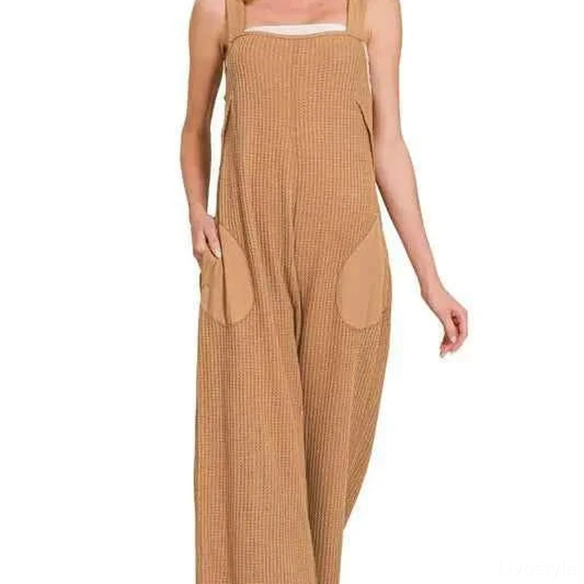 Knit Waffle Wide Leg Overalls in Deep Camel — square view — Livostyle