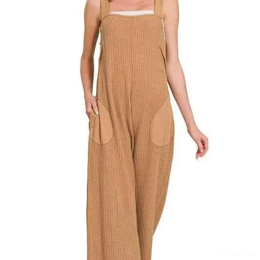 Knit Waffle Wide Leg Overalls with Pockets