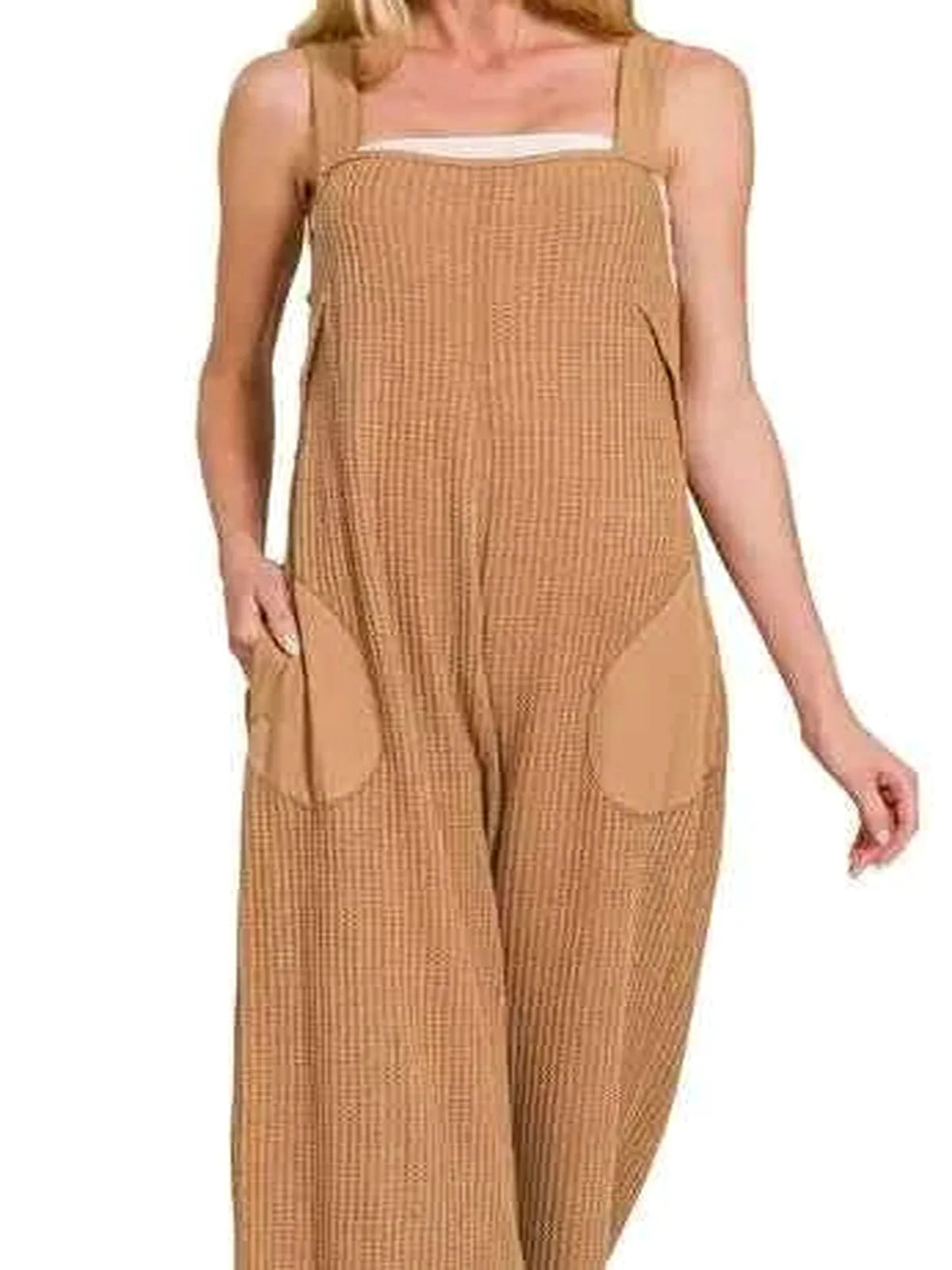 Knit Waffle Wide Leg Overalls in Deep Camel — detail view — Livostyle