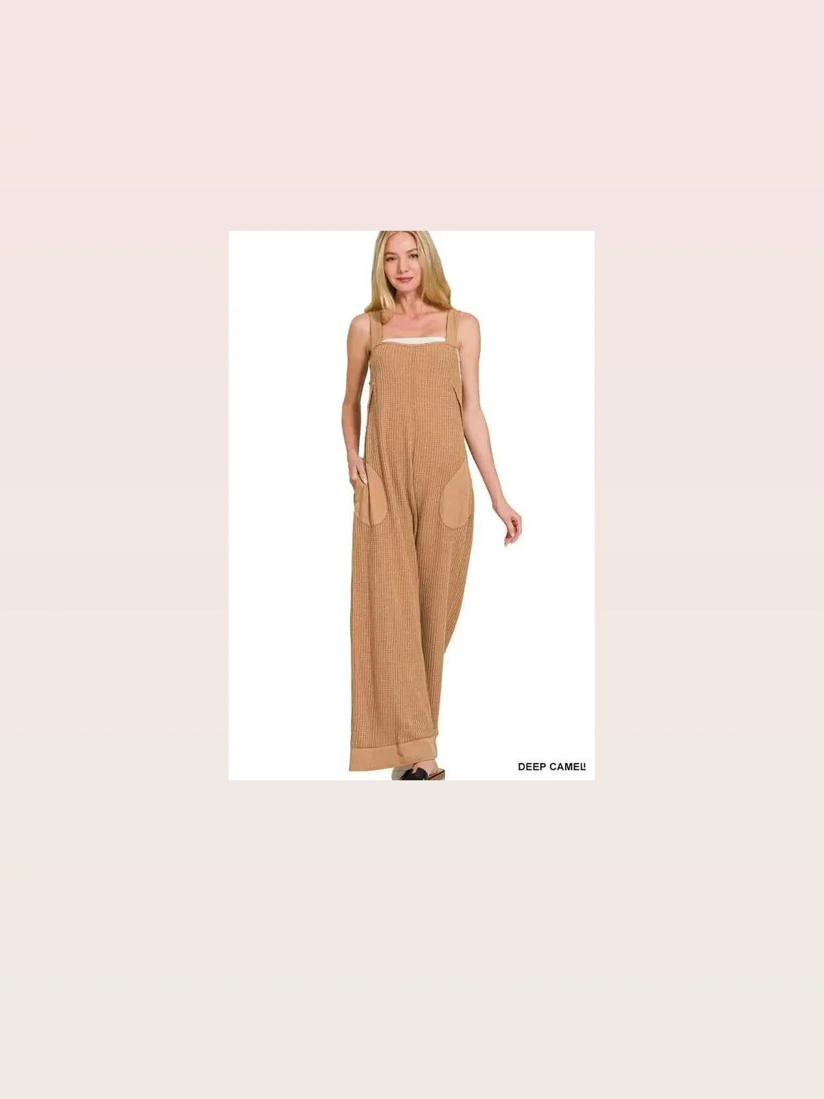 Knit Waffle Wide Leg Overalls in Deep Camel — styled showcase — Livostyle