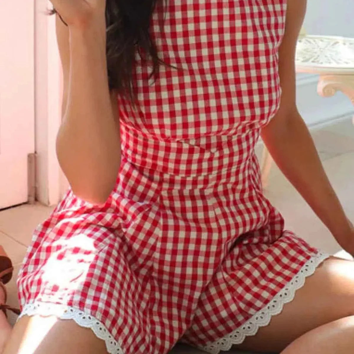Lace Detail Plaid Sleeveless Romper — square view — Livostyle