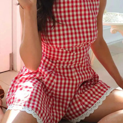 Lace Detail Plaid Sleeveless Romper — square view — Livostyle