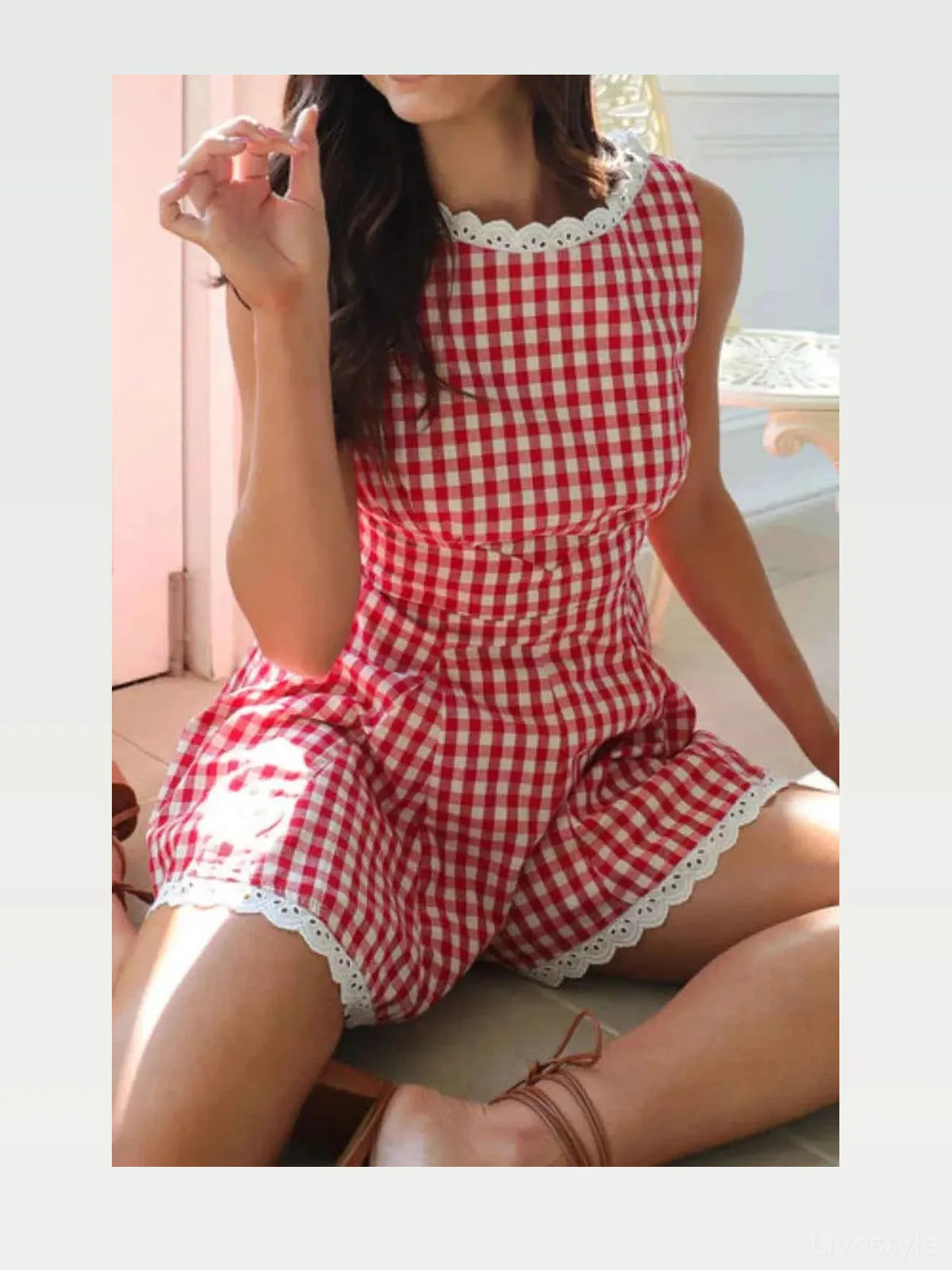 Lace Detail Plaid Sleeveless Romper — styled showcase — Livostyle