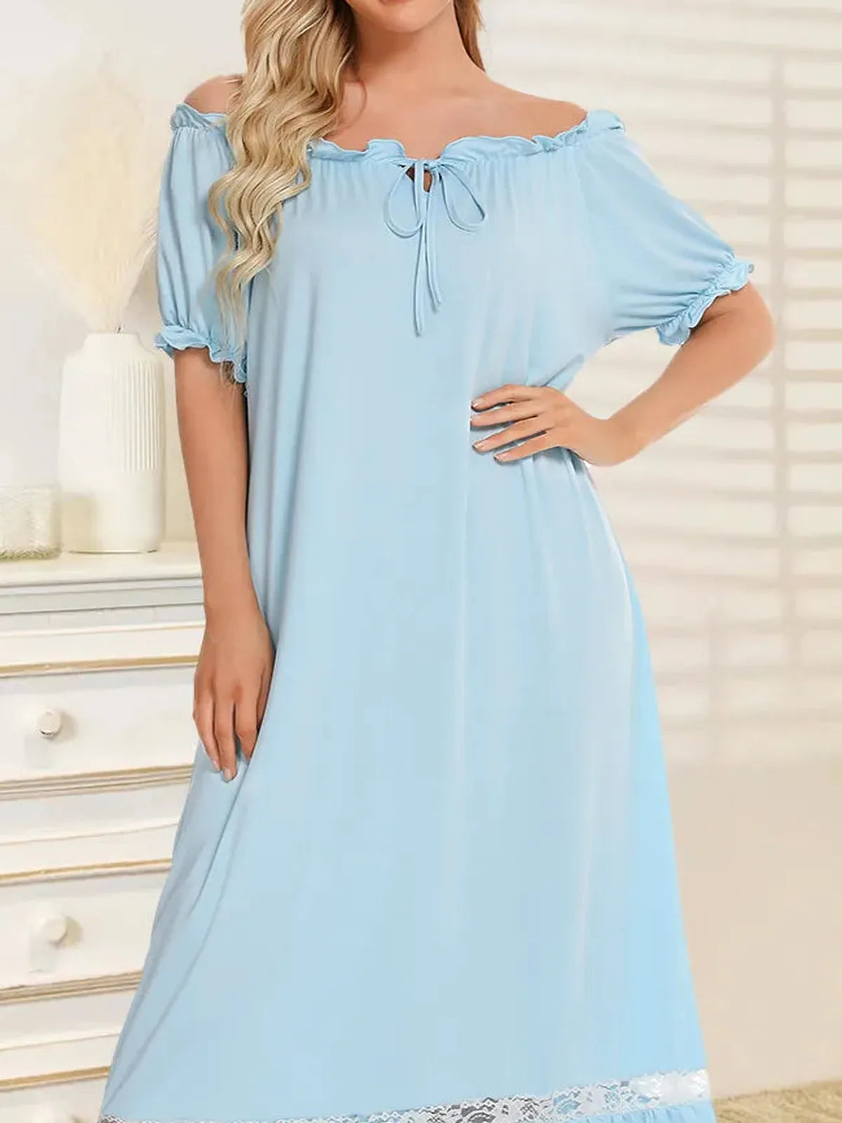 Lace Detail Short Sleeve Lounge Dress — detail view — Livostyle