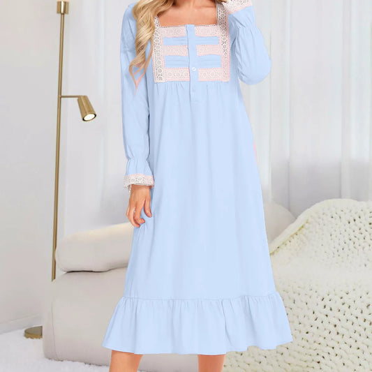 Lace Detail Square Neck Flounce Sleeve Night Dress — square view — Livostyle