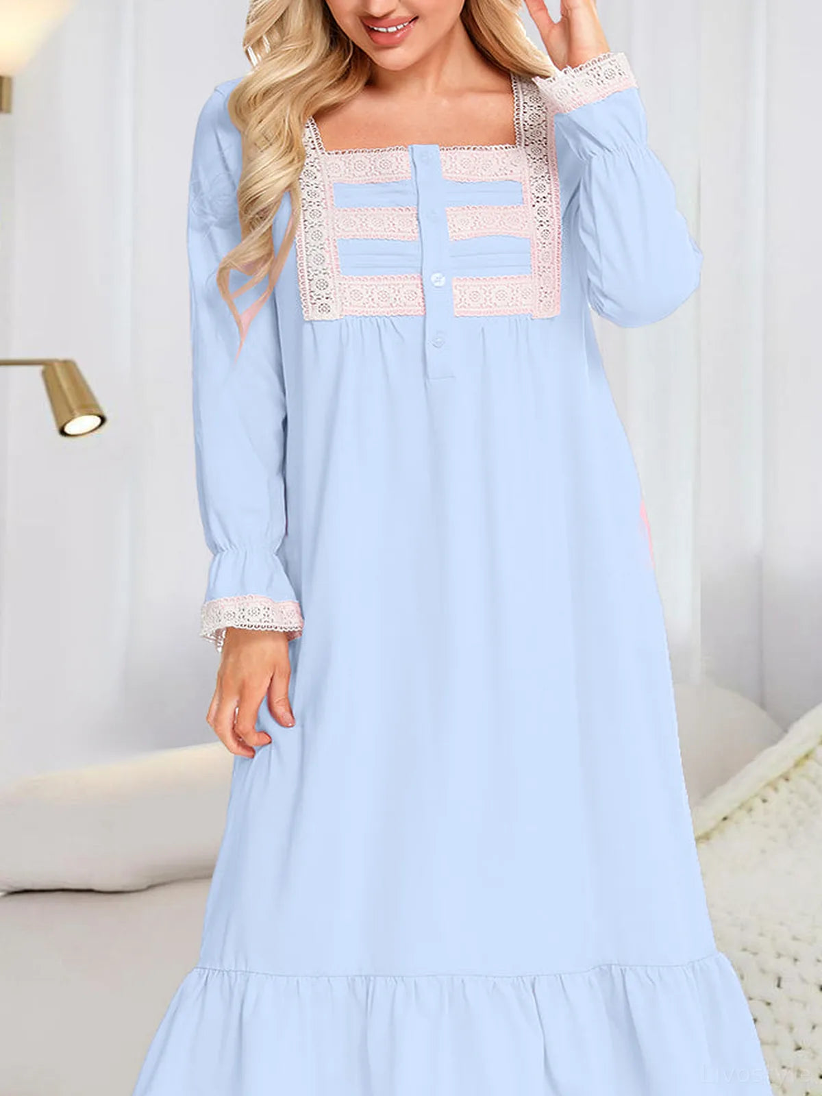 Lace Detail Square Neck Flounce Sleeve Night Dress — detail view — Livostyle