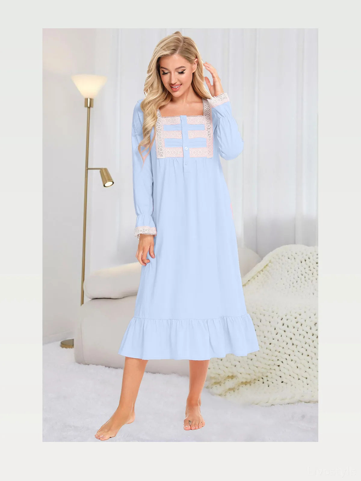 Lace Detail Square Neck Flounce Sleeve Night Dress — styled showcase — Livostyle