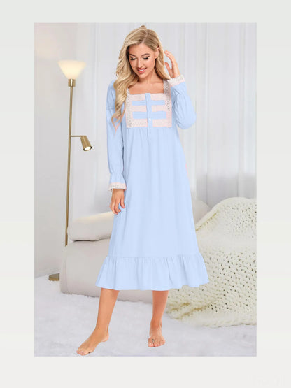 Lace Detail Square Neck Flounce Sleeve Night Dress — styled showcase — Livostyle