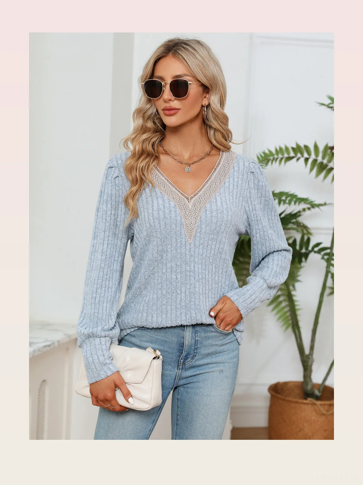 Chic V-Neck Blouse with Elegant Lace Detailing — styled showcase — Livostyle