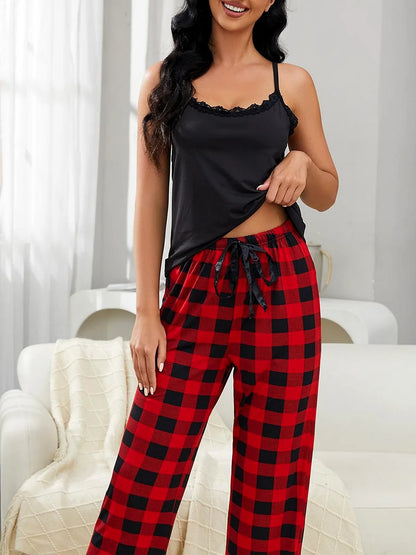 Lace Trim Cami and Plaid Pants Lounge Set — detail view — Livostyle