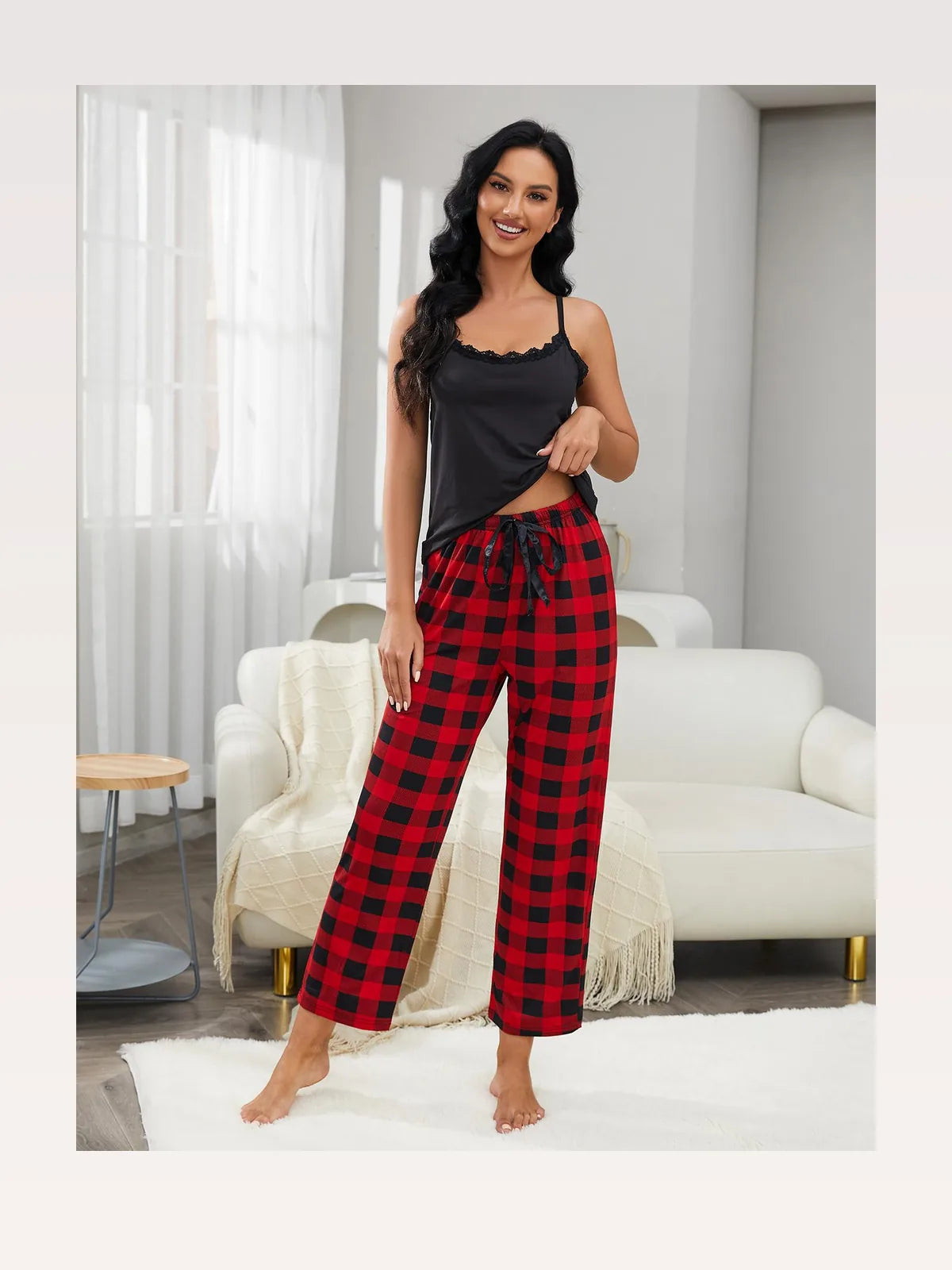 Lace Trim Cami and Plaid Pants Lounge Set — styled showcase — Livostyle
