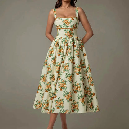 Elegant Floral Midi Dress with Lace Trim & Ruched Detail — square view — Livostyle