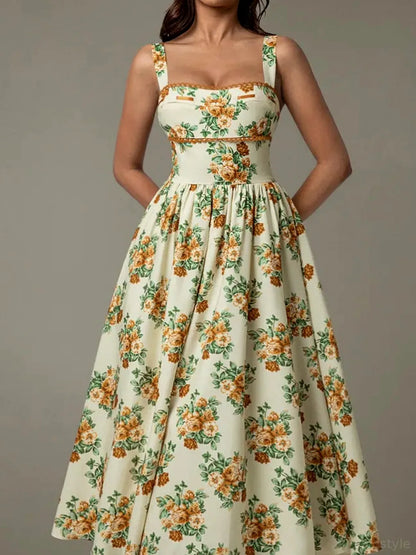 Elegant Floral Midi Dress with Lace Trim & Ruched Detail — detail view — Livostyle