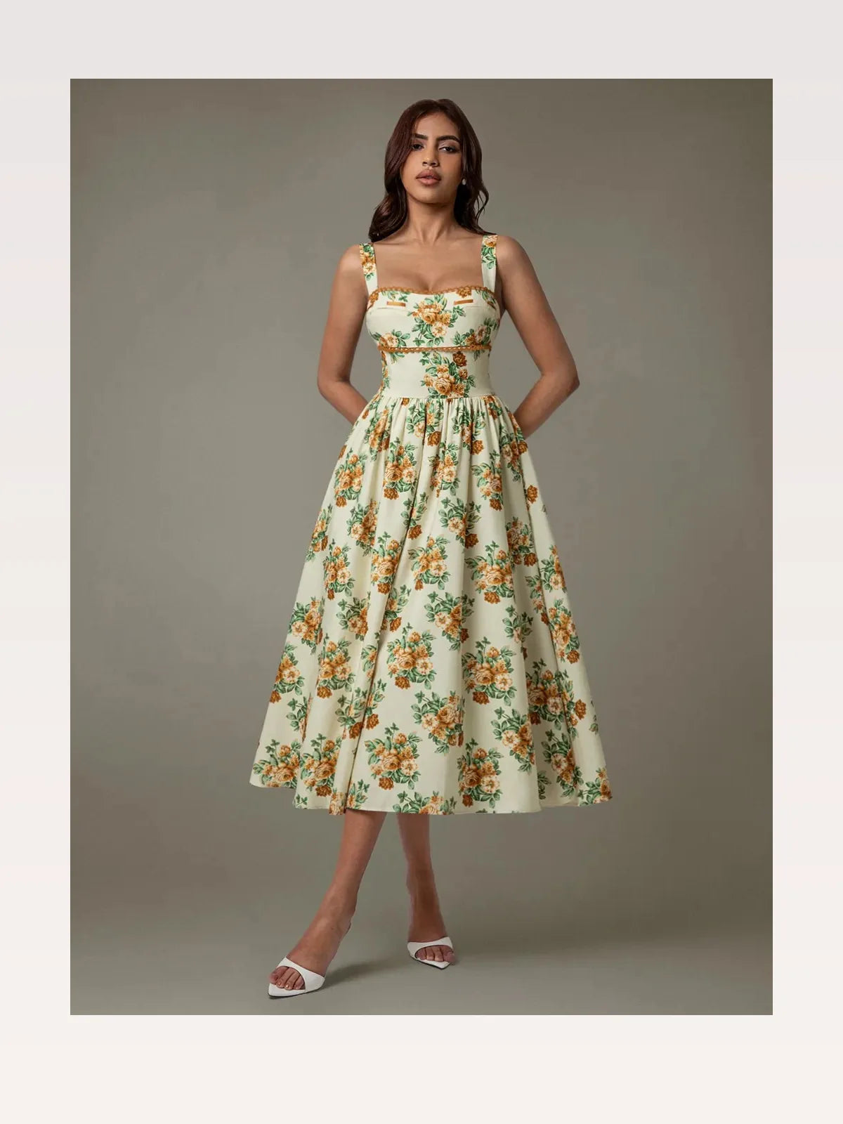 Elegant Floral Midi Dress with Lace Trim & Ruched Detail — styled showcase — Livostyle