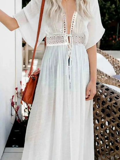 Lace Trim Plunging Beach Cover Up Maxi Dress — detail view — Livostyle