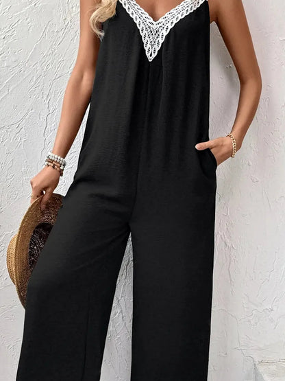 Lace Trim V-Neck Wide Leg Jumpsuit — detail view — Livostyle