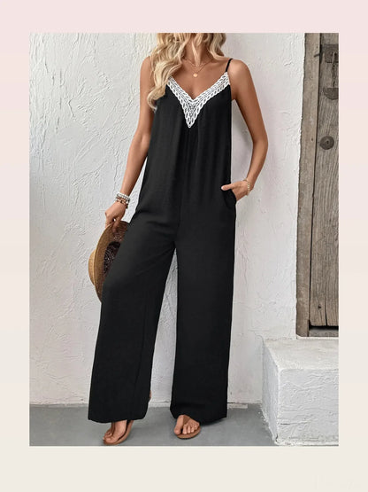 Lace Trim V-Neck Wide Leg Jumpsuit — styled showcase — Livostyle