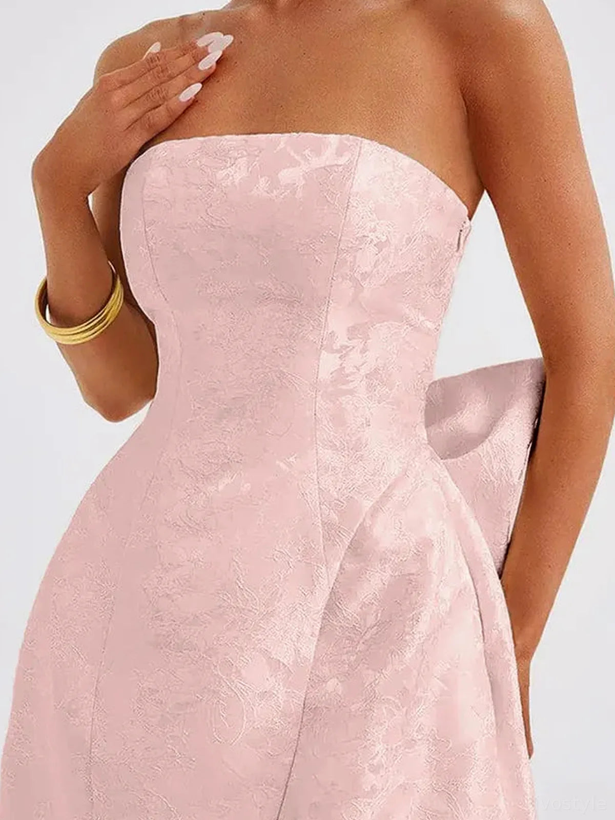 Elegant Sleeveless Satin Mini Dress with Lace-Up and Bow Det — detail view — Livostyle