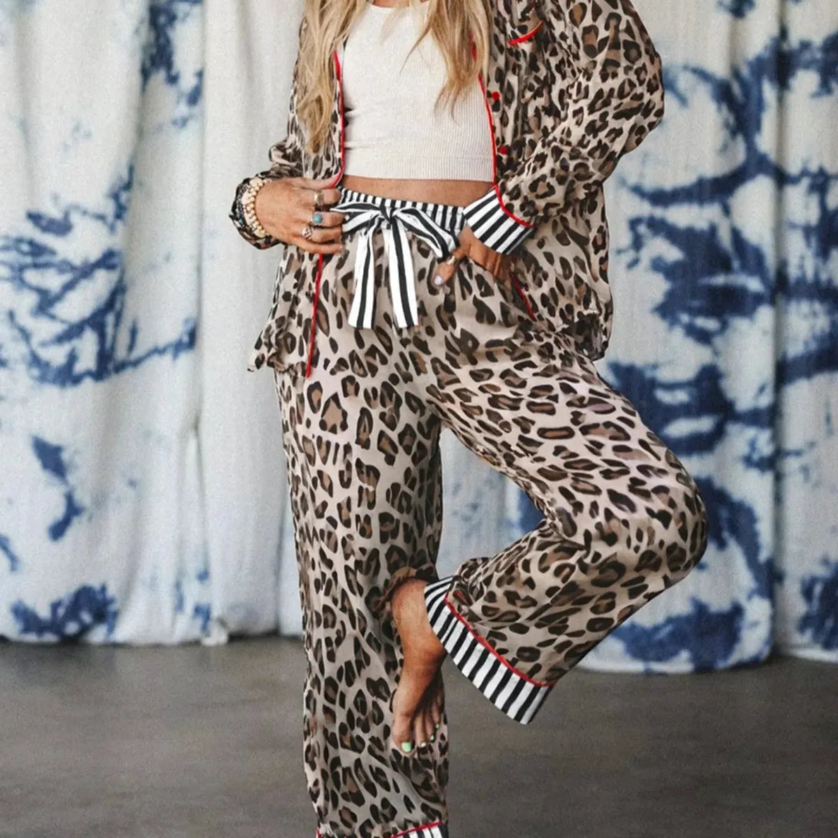 Leopard and Striped Trim Shirt and Pants Set — square view — Livostyle