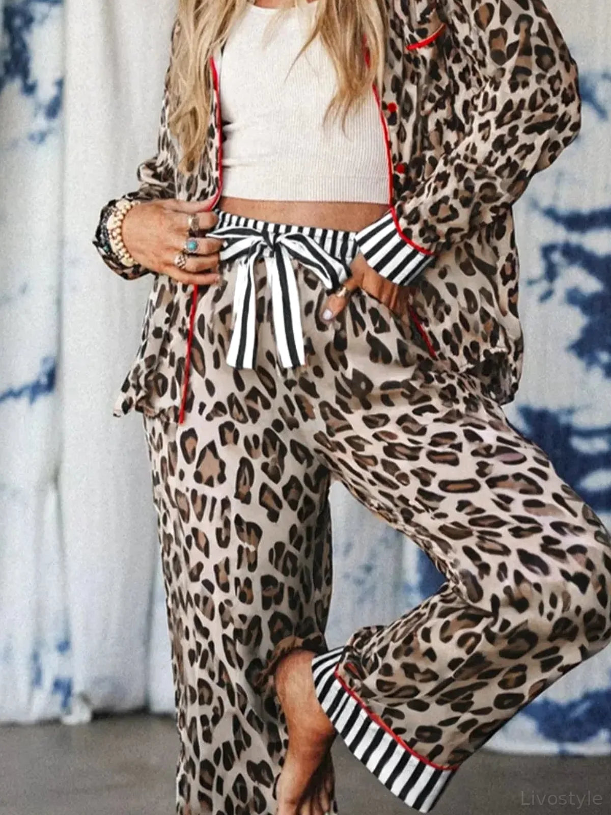 Leopard and Striped Trim Shirt and Pants Set — detail view — Livostyle